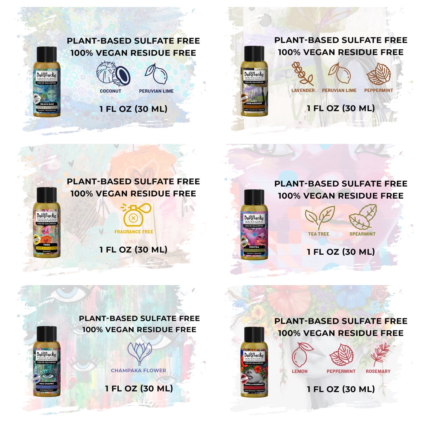 Dollylocks Liquid Shampoo Travel Size Set of 6 (1oz each) - Sample every scent!