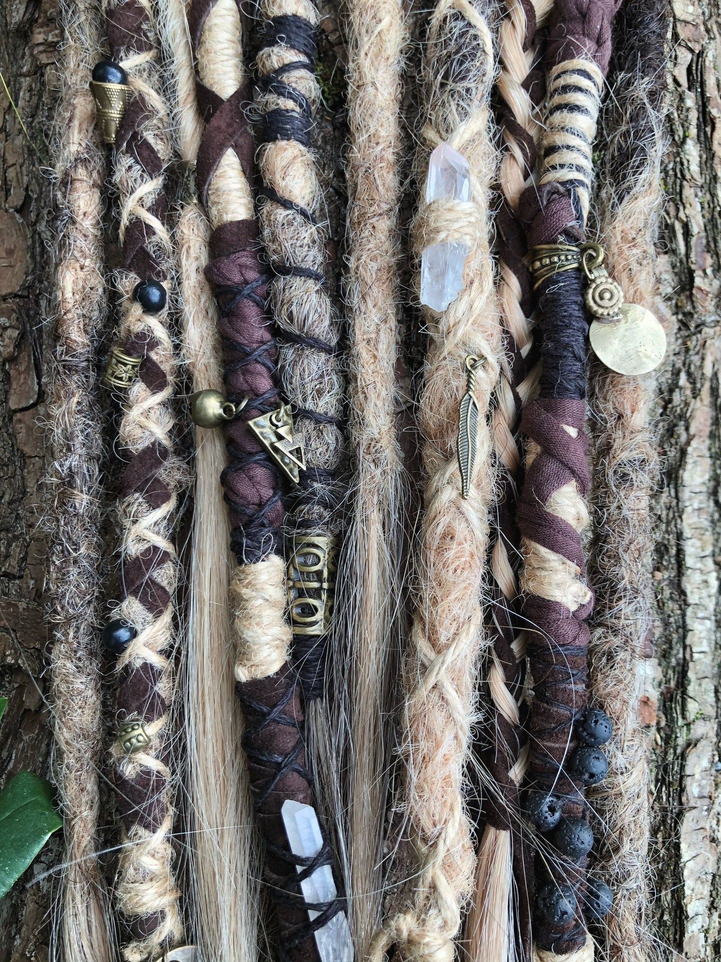 Set of 10 Ombré Human Hair Dreadlock Extensions + Decorations + Hairwraps