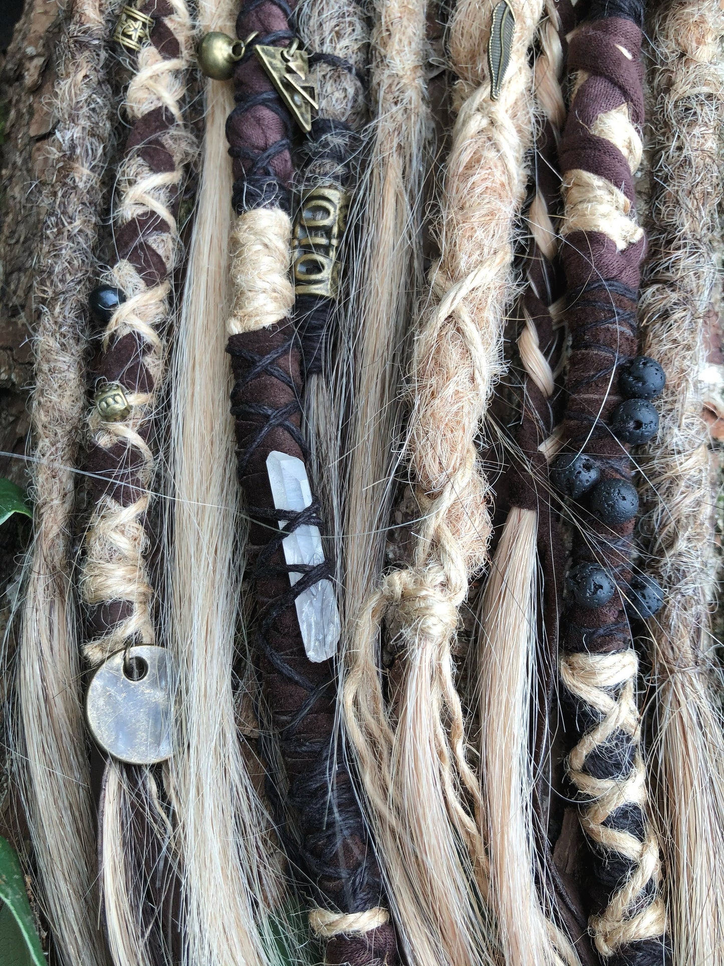 Set of 10 Ombré Human Hair Dreadlock Extensions + Decorations + Hairwraps
