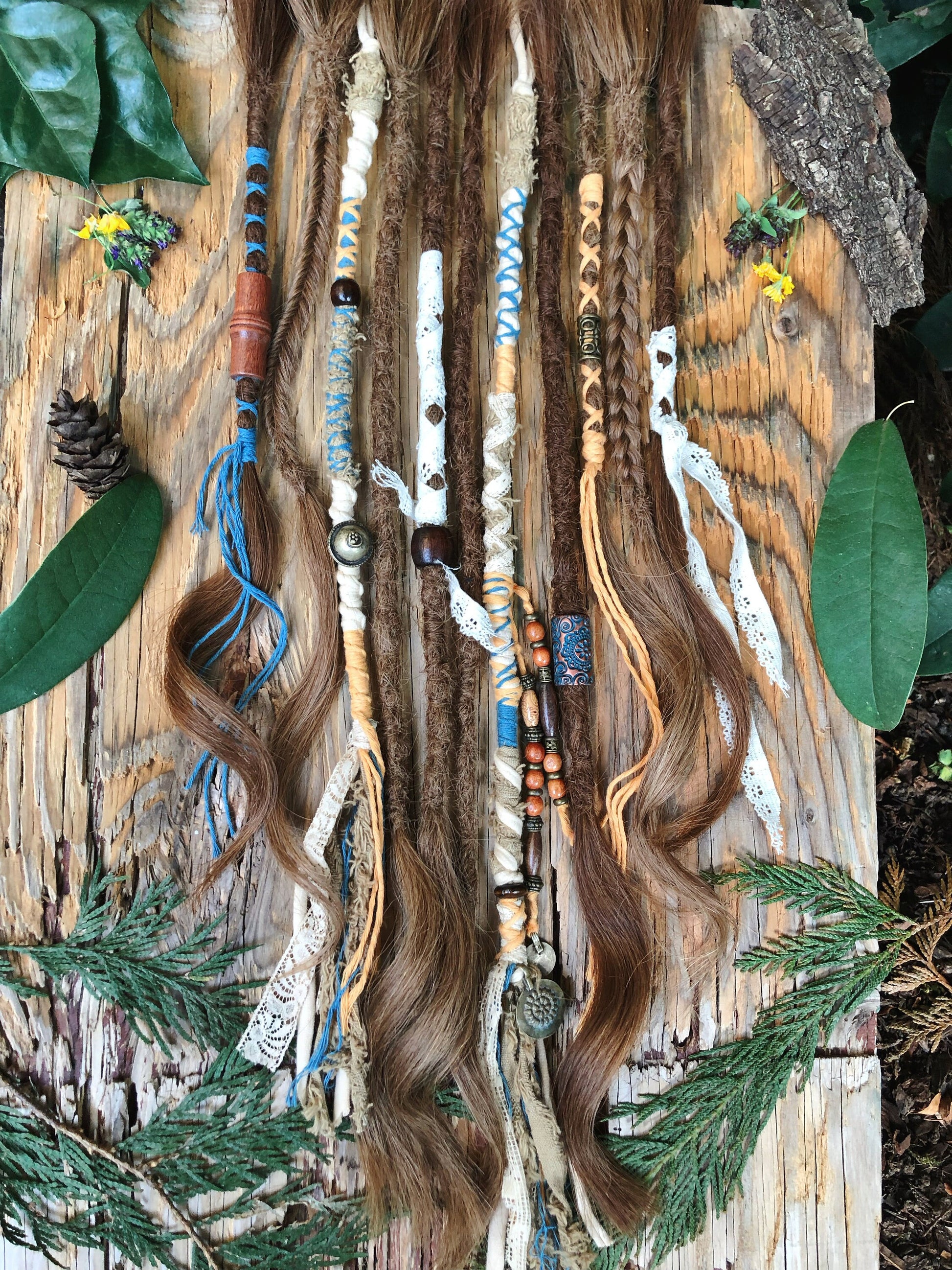 Vegan Set of 11 Mixed Brown Human Hair Dreadlock Extensions & Braids + Decorations + Hairwraps