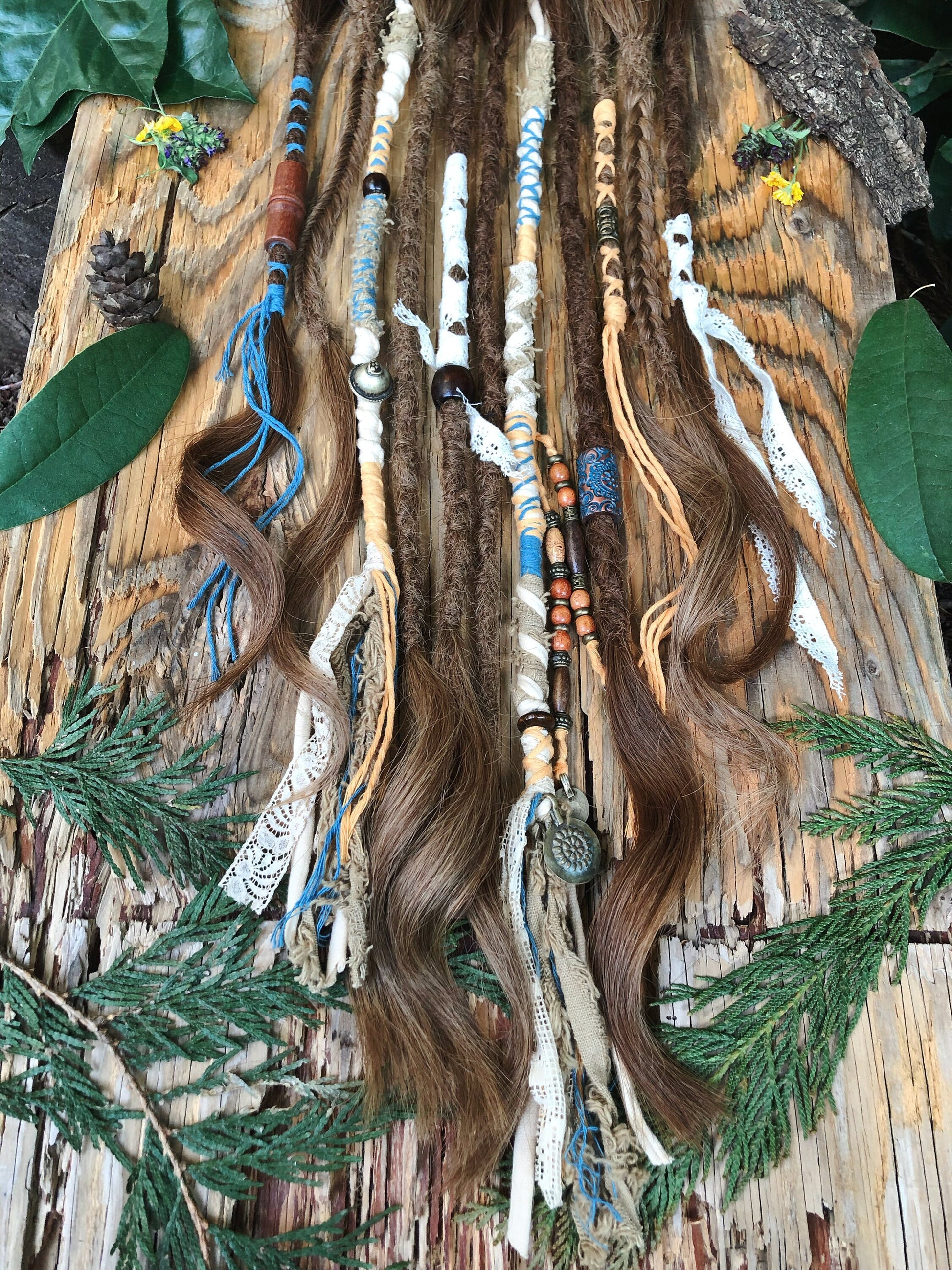 Vegan Set of 11 Mixed Brown Human Hair Dreadlock Extensions & Braids + Decorations + Hairwraps
