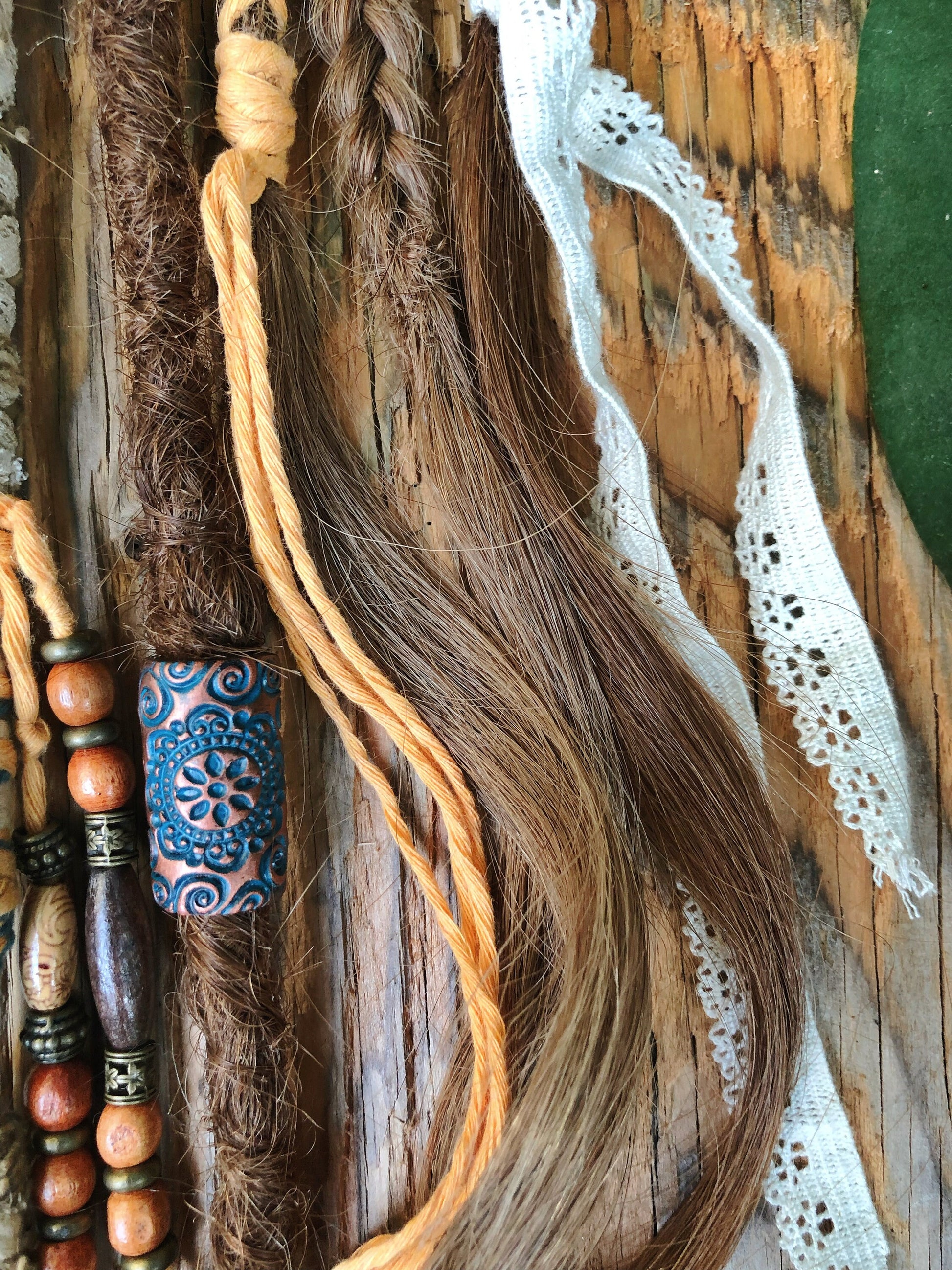 Vegan Set of 11 Mixed Brown Human Hair Dreadlock Extensions & Braids + Decorations + Hairwraps