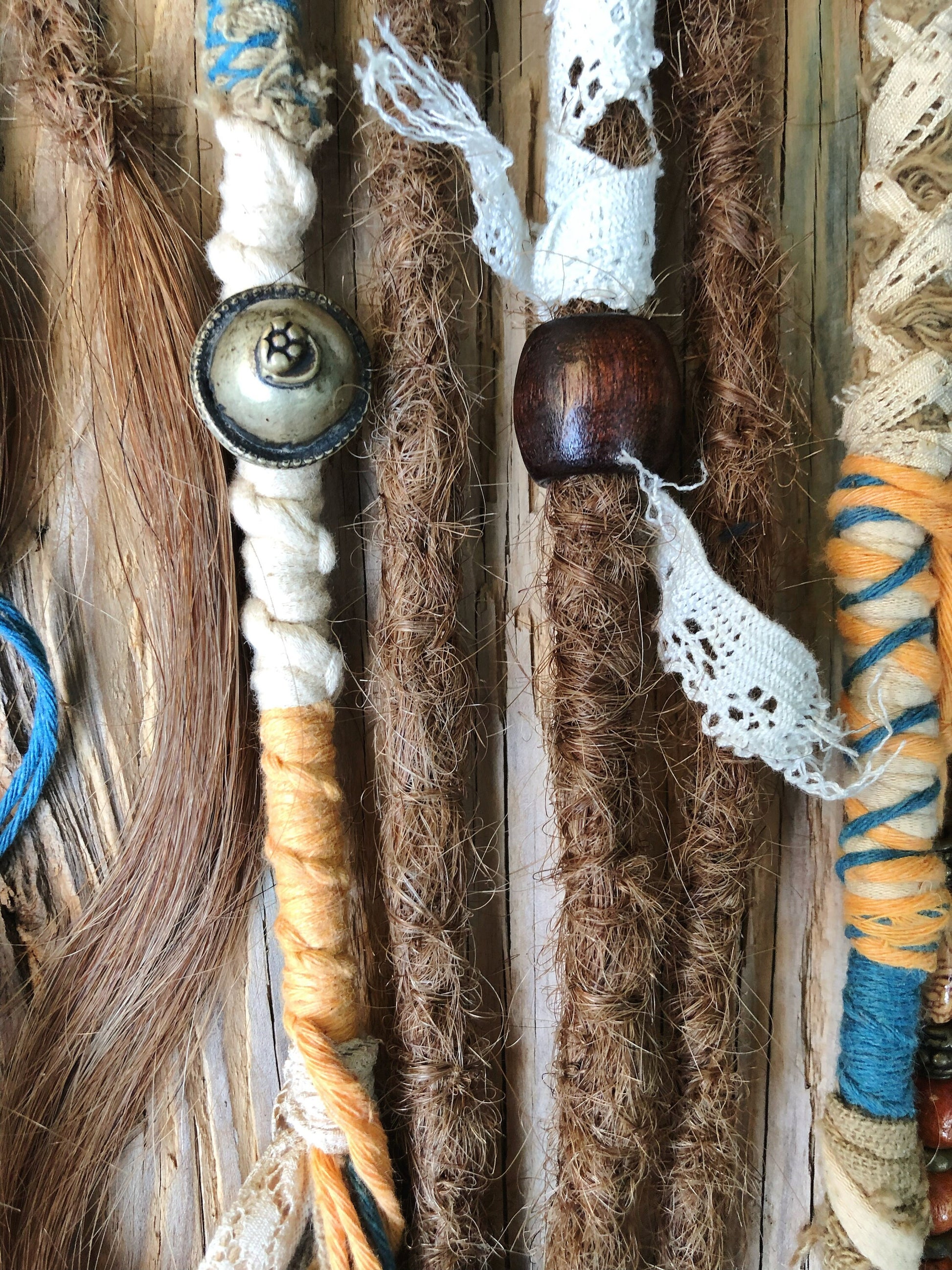 Vegan Set of 11 Mixed Brown Human Hair Dreadlock Extensions & Braids + Decorations + Hairwraps