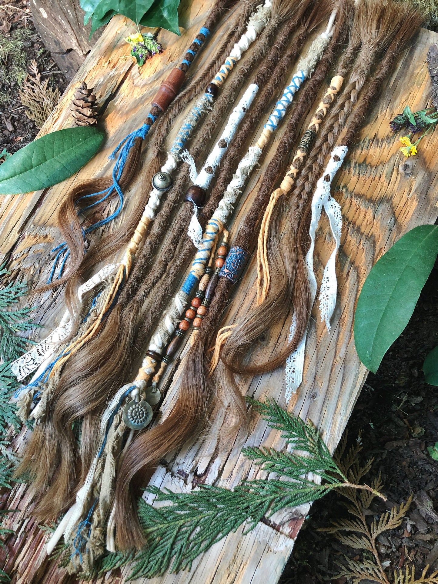 Vegan Set of 11 Mixed Brown Human Hair Dreadlock Extensions & Braids + Decorations + Hairwraps
