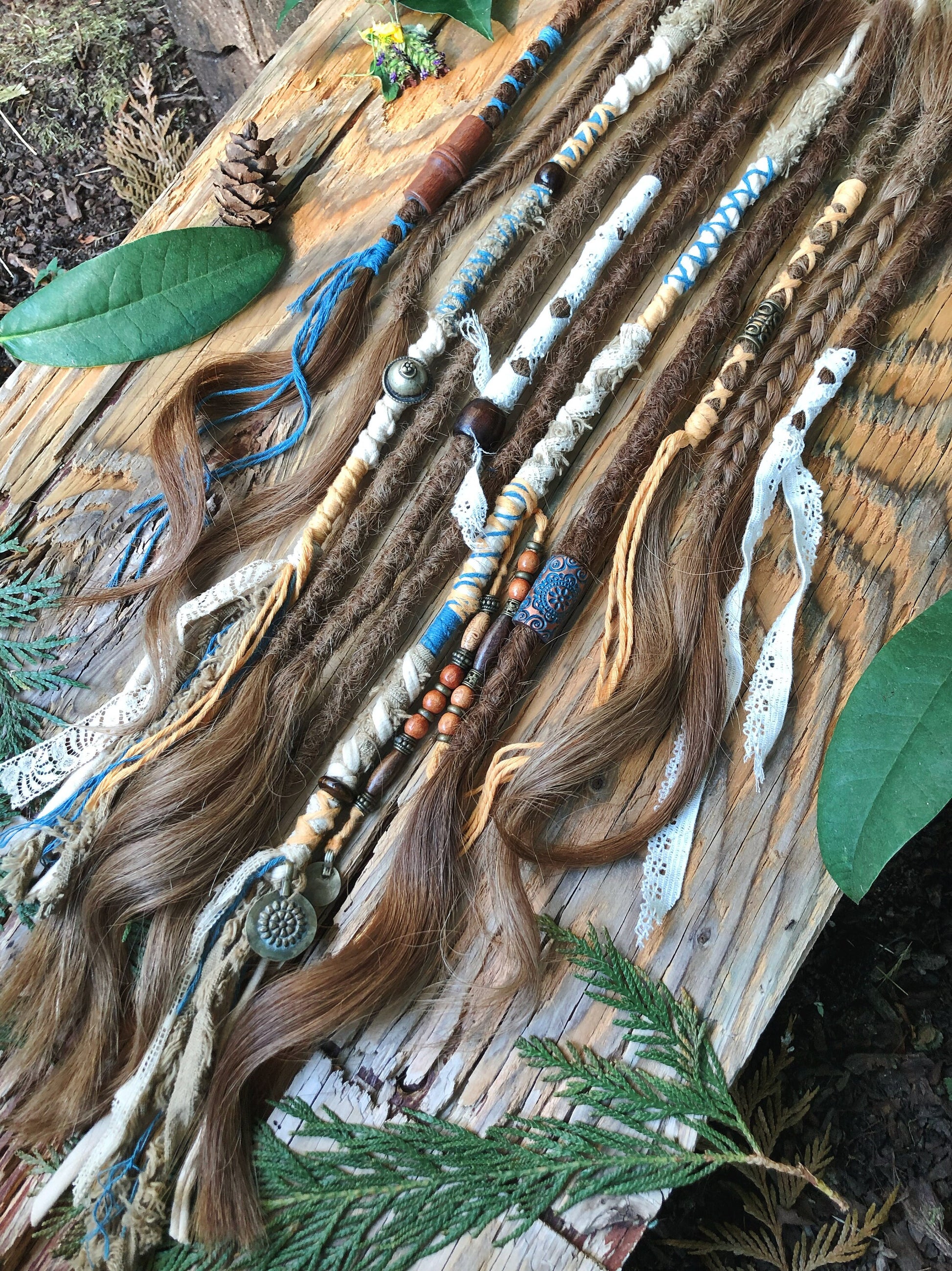 Vegan Set of 11 Mixed Brown Human Hair Dreadlock Extensions & Braids + Decorations + Hairwraps