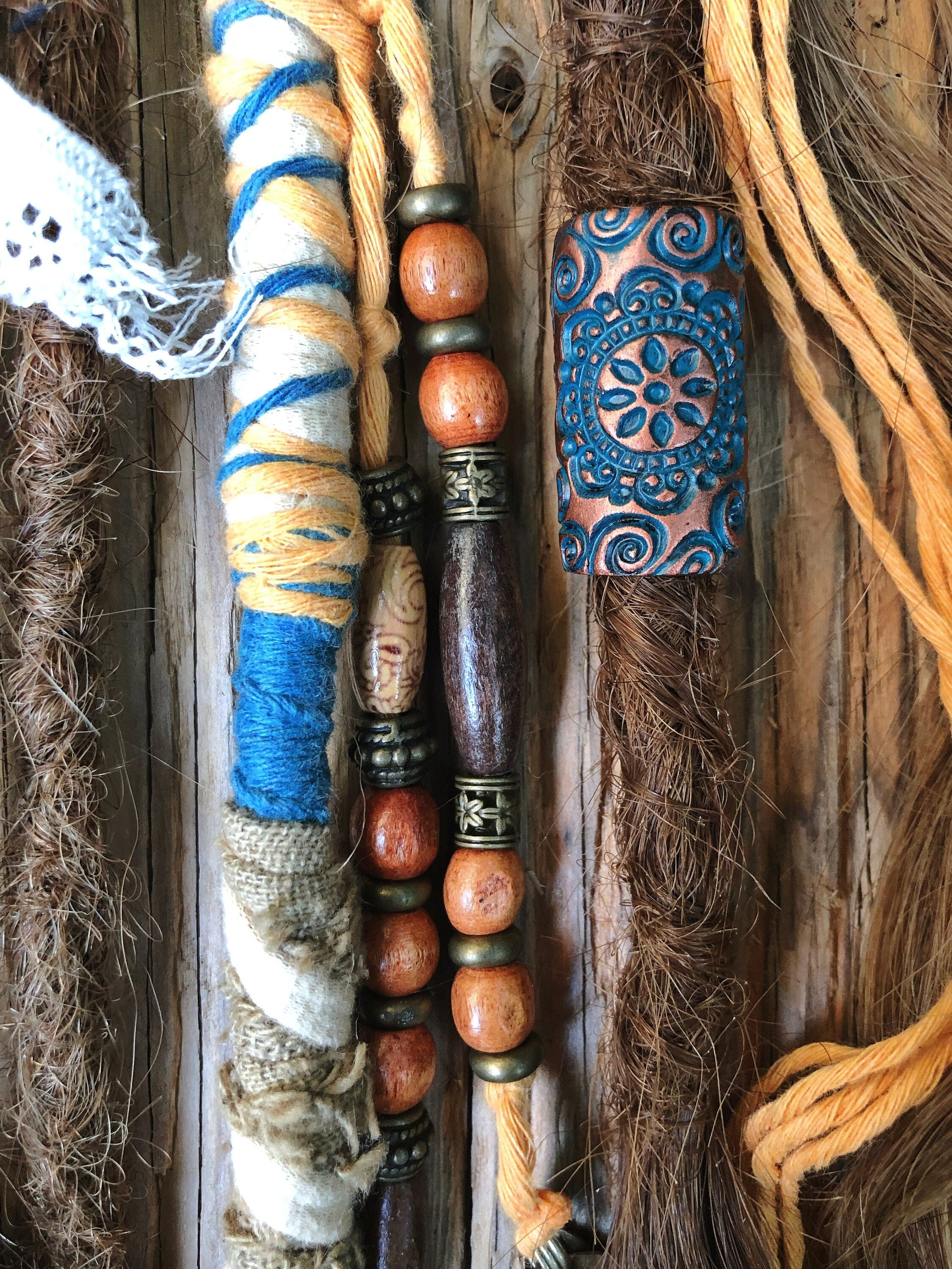 Vegan Set of 11 Mixed Brown Human Hair Dreadlock Extensions & Braids + Decorations + Hairwraps