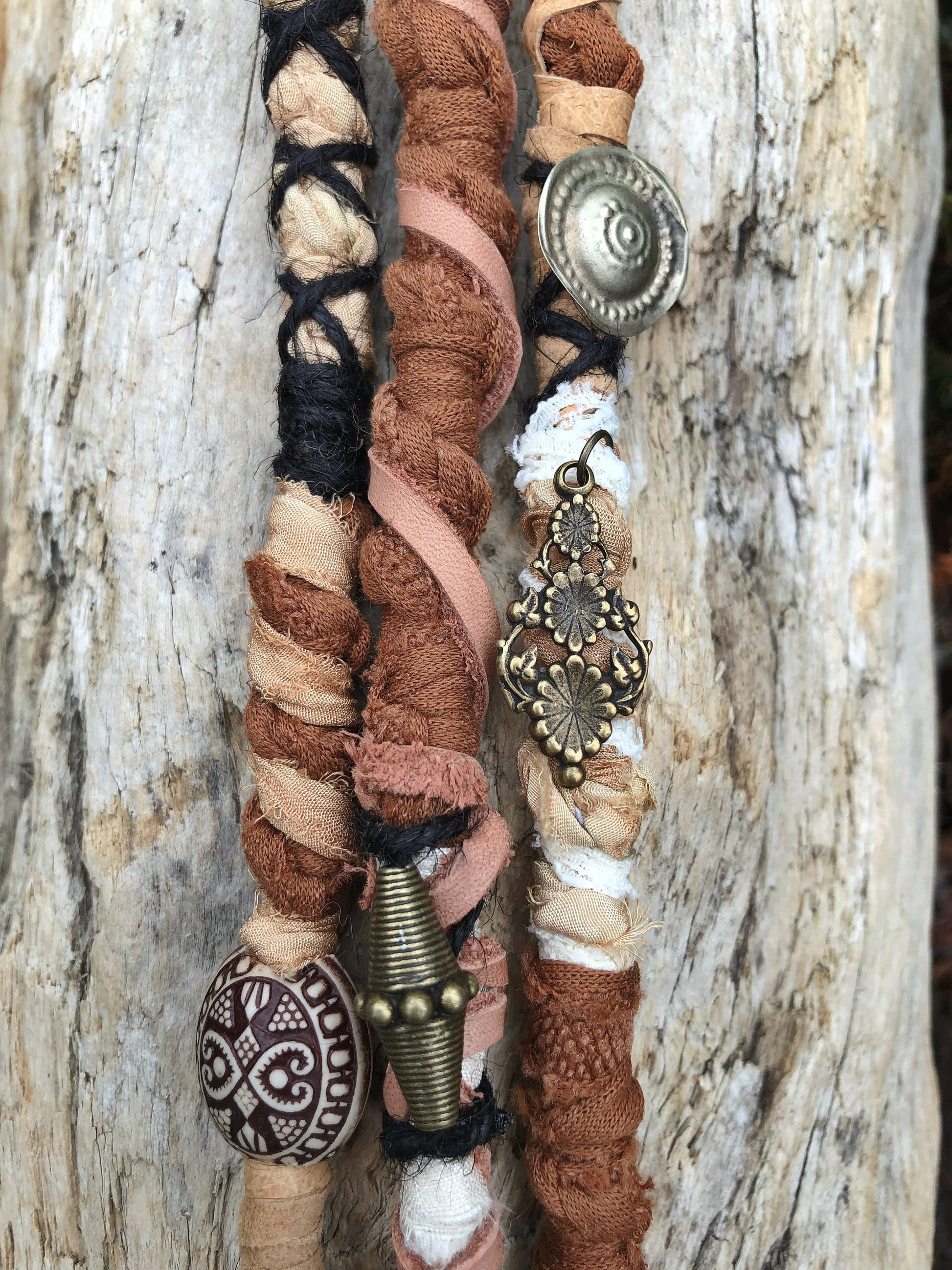 Set of 3 Earthy Goddess CLIP-IN Hairwraps, Dreadwraps, Fabric Loc Extensions, Dreadlock Accessories